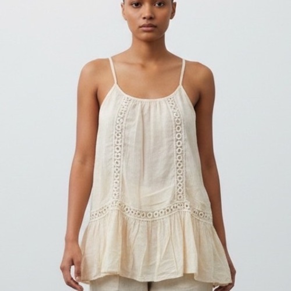 Boho Cream Eyelet Crochet Cami Mini Dress‎ Tiered Ruffle Large ethereal coastal